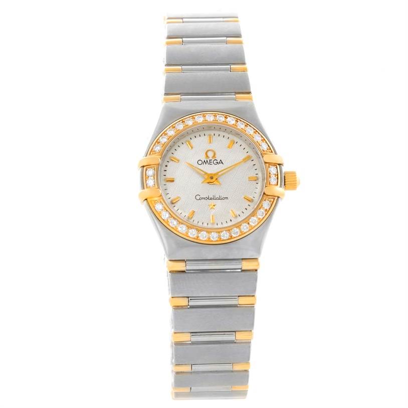 The image shows a front angle of the Omega 1277.30.00 Women's Steel and Gold (two tone) Silver Dial 1277.30.00 Women's Steel and Gold (two tone) Silver Dial Constellation Mini Steel and Gold Textured Dial Diamond Watch 1277.30.00.