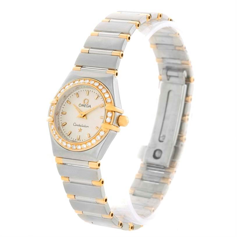 The Omega 1277.30.00 Women's Steel and Gold (two tone) Silver Dial 1277.30.00 Women's Steel and Gold (two tone) Silver Dial Constellation Mini Steel and Gold Textured Dial Diamond Watch 1277.30.00 is shown at a three-quarter angle highlighting its face and bracelet.