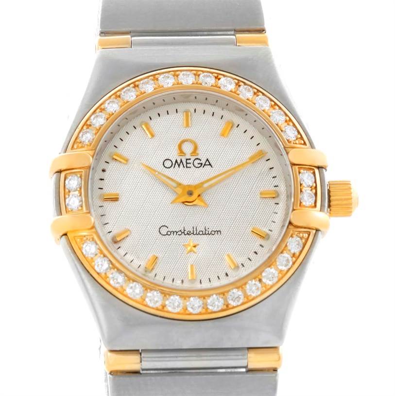The image shows a front view of the Omega 1277.30.00 Women's Steel and Gold (two tone) Silver Dial 1277.30.00 Women's Steel and Gold (two tone) Silver Dial Constellation Mini Steel and Gold Textured Dial Diamond Watch 1277.30.00.