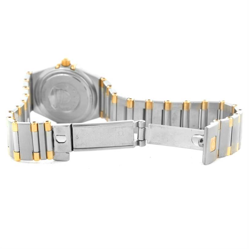 This image shows the back and bracelet of the Omega 1277.30.00 Women's Steel and Gold (two tone) Silver Dial 1277.30.00 Women's Steel and Gold (two tone) Silver Dial Constellation Mini Steel and Gold Textured Dial Diamond Watch 1277.30.00, with the clasp open.