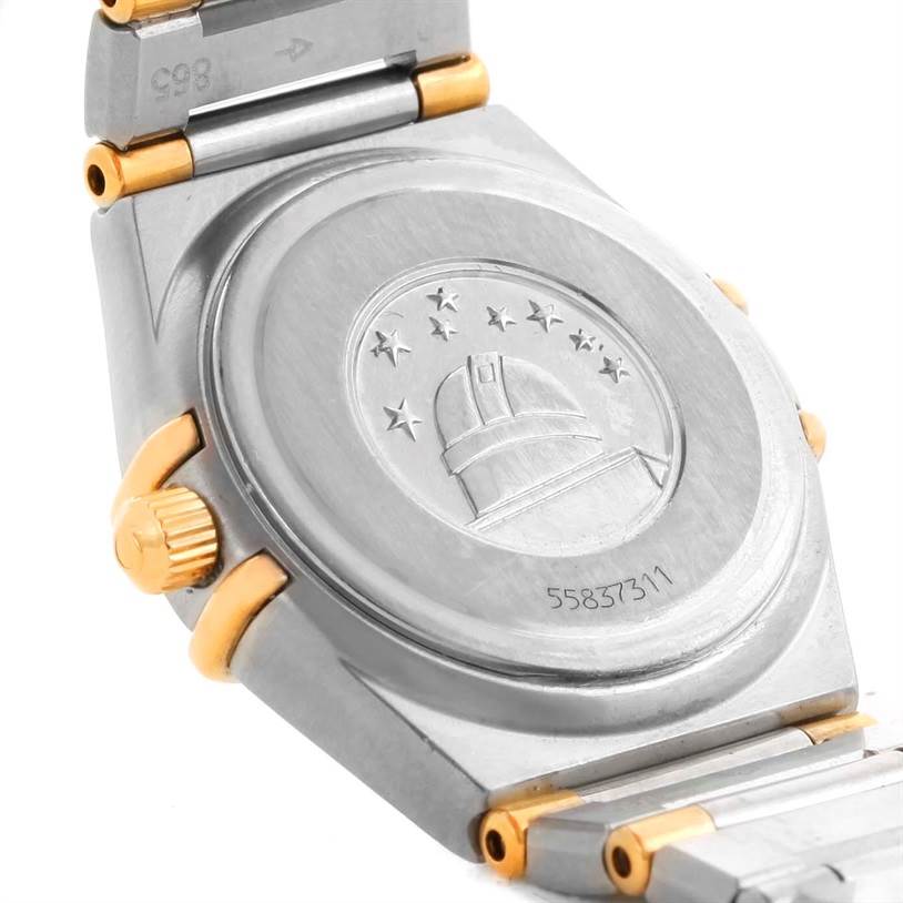 This is a rear view of the Omega 1277.30.00 Women's Steel and Gold (two tone) Silver Dial 1277.30.00 Women's Steel and Gold (two tone) Silver Dial Constellation Mini Steel and Gold Textured Dial Diamond Watch 1277.30.00, showcasing its back casing.