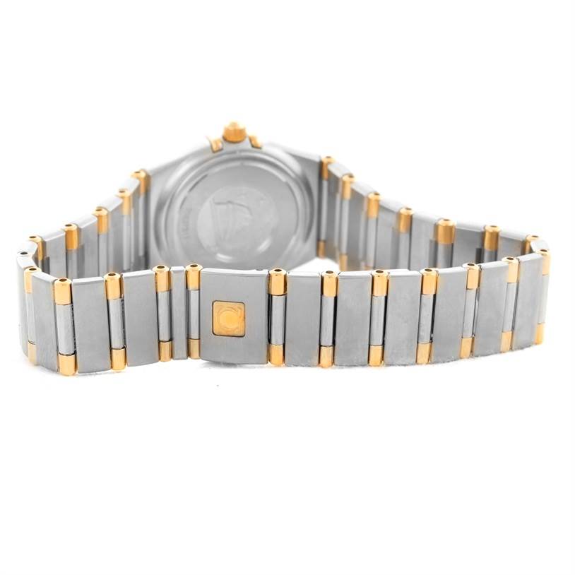 The image shows the back view and bracelet of the Omega 1277.30.00 Women's Steel and Gold (two tone) Silver Dial 1277.30.00 Women's Steel and Gold (two tone) Silver Dial Constellation Mini Steel and Gold Textured Dial Diamond Watch 1277.30.00.