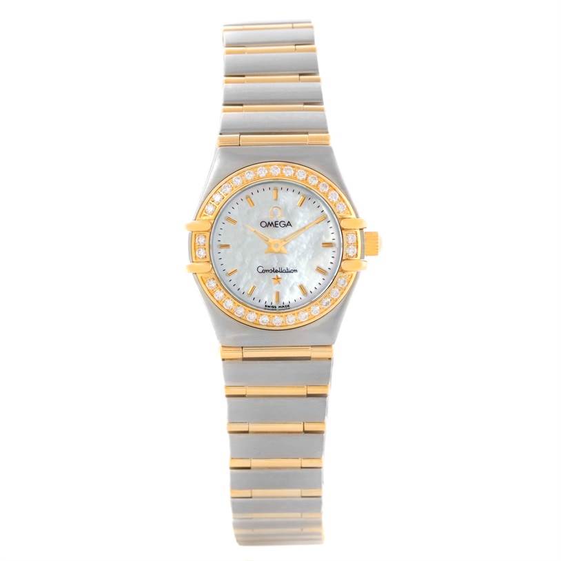 The Omega 1267.70.00 Women
s Steel and Gold (two tone) Mother of Pearl Dial 1267.70.00 Women
s Steel and Gold (two tone) Mother of Pearl Dial Constellation My Choice Mini 1267.70.00 watch is shown from the front, displaying the face, bezel, and bracelet.
