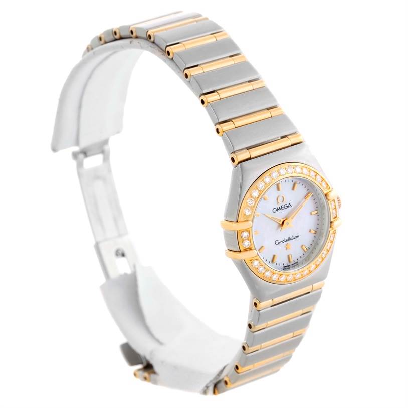The Omega 1267.70.00 Women
s Steel and Gold (two tone) Mother of Pearl Dial 1267.70.00 Women
s Steel and Gold (two tone) Mother of Pearl Dial Constellation My Choice Mini Steel Gold Diamond Watch 1267.70.00 is shown at a side angle, displaying the face, bezel, and bracelet.