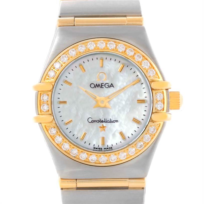 The image shows a front view of the Omega 1267.70.00 Women
s Steel and Gold (two tone) Mother of Pearl Dial 1267.70.00 Women
s Steel and Gold (two tone) Mother of Pearl Dial Constellation My Choice Mini Steel Gold Diamond Watch 1267.70.00, displaying its face and band.