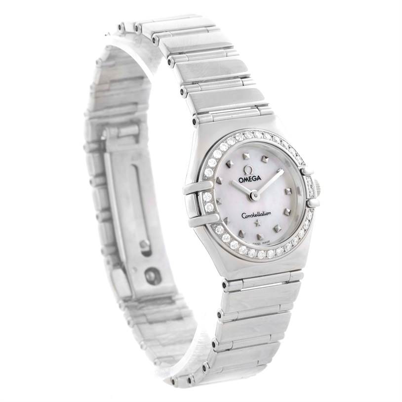 The image shows the Omega 1465.71.00 Women
s Stainless Steel Mother of Pearl Dial 1465.71.00 Women
s Stainless Steel Mother of Pearl Dial Constellation My Choice Mini Diamond Steel Watch 1465.71.00 from a 3/4 angle, displaying the face, bracelet, and clasp.