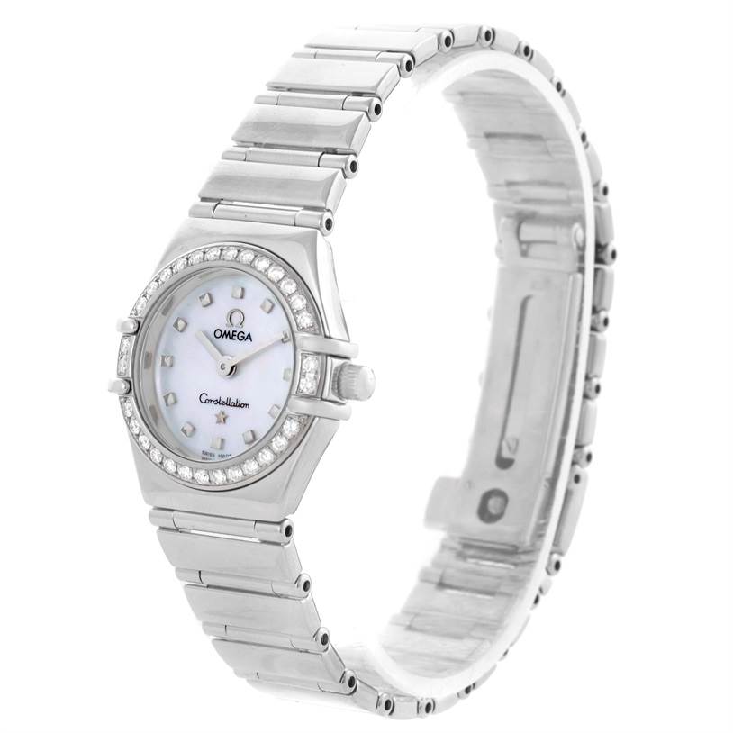 The image shows an angled view of the Omega 1465.71.00 Women
s Stainless Steel Mother of Pearl Dial 1465.71.00 Women
s Stainless Steel Mother of Pearl Dial Constellation My Choice Mini Diamond Steel Watch 1465.71.00, displaying the dial, bezel, and bracelet.