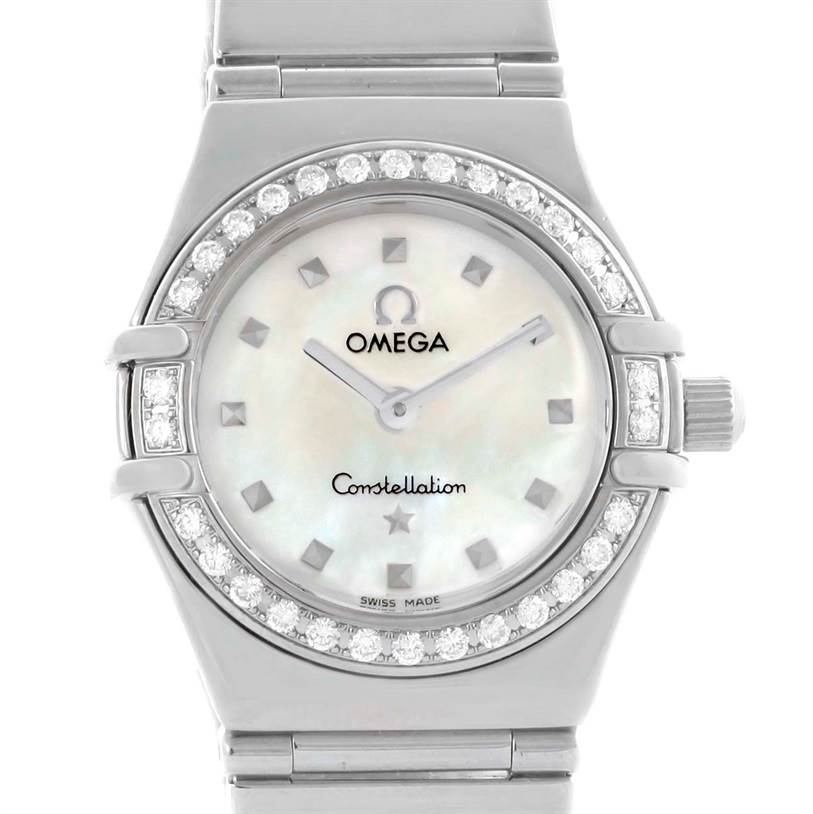 The image shows a front view of the Omega 1465.71.00 Women
s Stainless Steel Mother of Pearl Dial 1465.71.00 Women
s Stainless Steel Mother of Pearl Dial Constellation My Choice Mini Diamond Steel Watch 1465.71.00, highlighting the face, bezel, and bracelet.
