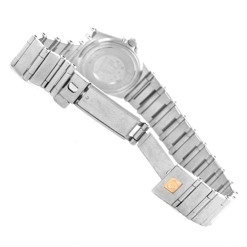 The image shows the back and partially closed metal bracelet of the Omega 1465.71.00 Women
s Stainless Steel Mother of Pearl Dial 1465.71.00 Women
s Stainless Steel Mother of Pearl Dial Constellation My Choice Mini Diamond Steel Watch 1465.71.00.
