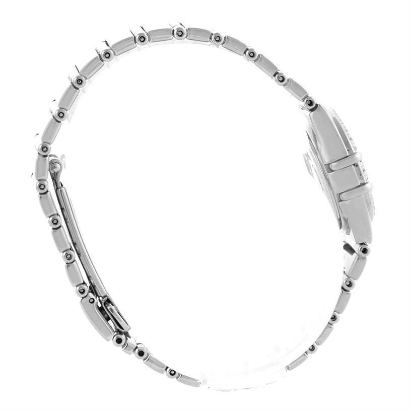 The image shows a side profile of the Omega 1465.71.00 Women
s Stainless Steel Mother of Pearl Dial 1465.71.00 Women
s Stainless Steel Mother of Pearl Dial Constellation My Choice Mini Diamond Steel Watch 1465.71.00, focusing on its bracelet and clasp.