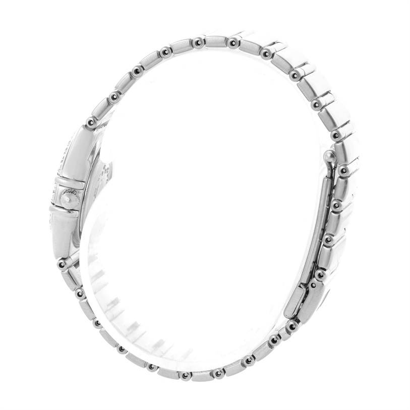 The image shows a side view of the Omega 1465.71.00 Women
s Stainless Steel Mother of Pearl Dial 1465.71.00 Women
s Stainless Steel Mother of Pearl Dial Constellation My Choice Mini Diamond Steel Watch 1465.71.00, focusing on the bracelet and clasp.