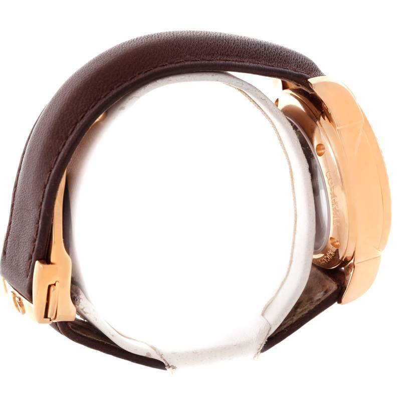 This image shows the side view of the Omega 4677.60.37 Women's Rose Gold Mother of Pearl Dial 4677.60.37 Women's Rose Gold Mother of Pearl Dial DeVille Co-Axial 18K Rose Gold Diamond Ladies Watch 4677.60.37, highlighting the band and clasp.