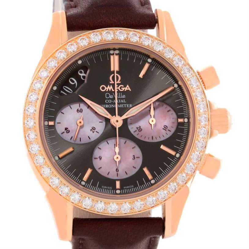 The Omega 4677.60.37 Women's Rose Gold Mother of Pearl Dial 4677.60.37 Women's Rose Gold Mother of Pearl Dial DeVille Co-Axial 18K Rose Gold Diamond Ladies Watch model 4677.60.37 is shown from the front, displaying the face and bezel.