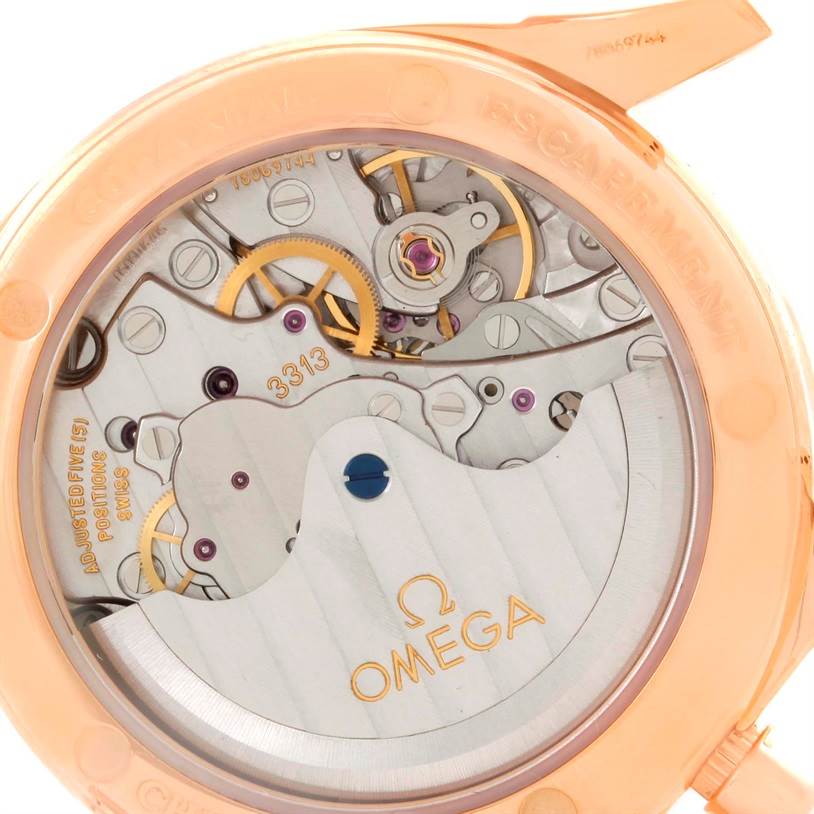 This image shows the internal mechanics of the Omega 4677.60.37 Women's Rose Gold Mother of Pearl Dial 4677.60.37 Women's Rose Gold Mother of Pearl Dial DeVille Co-Axial 18K Rose Gold Diamond Ladies Watch 4677.60.37 model from the back.