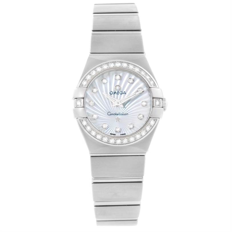 The image shows a front view of the Omega 123.15.27.60.55.002 Women
s Stainless Steel Mother of Pearl Dial 123.15.27.60.55.002 Women
s Stainless Steel Mother of Pearl Dial Constellation 27mm Diamond Ladies Watch 123.15.27.60.55.002.