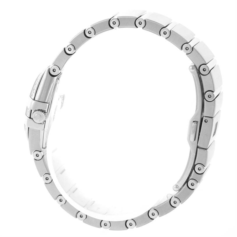 The image shows a side view of the Omega 123.15.27.60.55.002 Women
s Stainless Steel Mother of Pearl Dial 123.15.27.60.55.002 Women
s Stainless Steel Mother of Pearl Dial Constellation 27mm Diamond Ladies Watch 123.15.27.60.55.002, highlighting its bracelet and case.