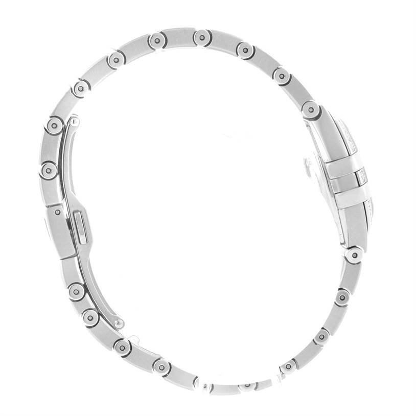 The image shows a side view of the Omega 123.15.27.60.55.002 Women
s Stainless Steel Mother of Pearl Dial 123.15.27.60.55.002 Women
s Stainless Steel Mother of Pearl Dial Constellation 27mm Diamond Ladies Watch 123.15.27.60.55.002, highlighting its band and clasp.