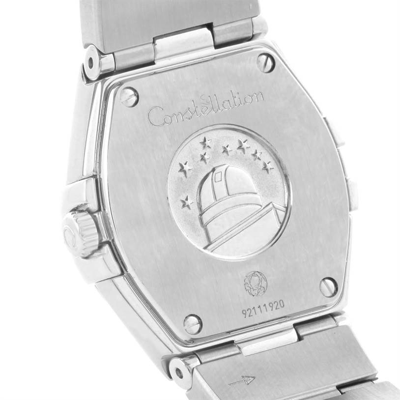 This image shows the back view of the Omega 123.15.27.60.55.002 Women
s Stainless Steel Mother of Pearl Dial 123.15.27.60.55.002 Women
s Stainless Steel Mother of Pearl Dial Constellation 27mm Diamond Ladies Watch model 123.15.27.60.55.002.