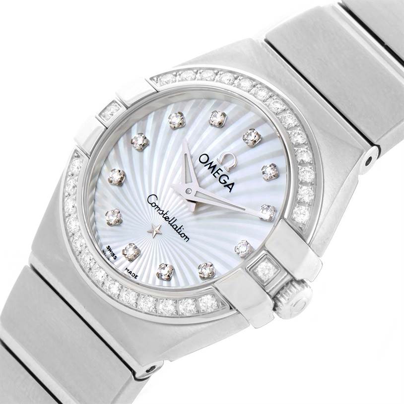 This image shows a close-up of the Omega 123.15.27.60.55.002 Women
s Stainless Steel Mother of Pearl Dial 123.15.27.60.55.002 Women
s Stainless Steel Mother of Pearl Dial Constellation 27mm Diamond Ladies Watch 123.15.27.60.55.002, highlighting the face and part of the bracelet.