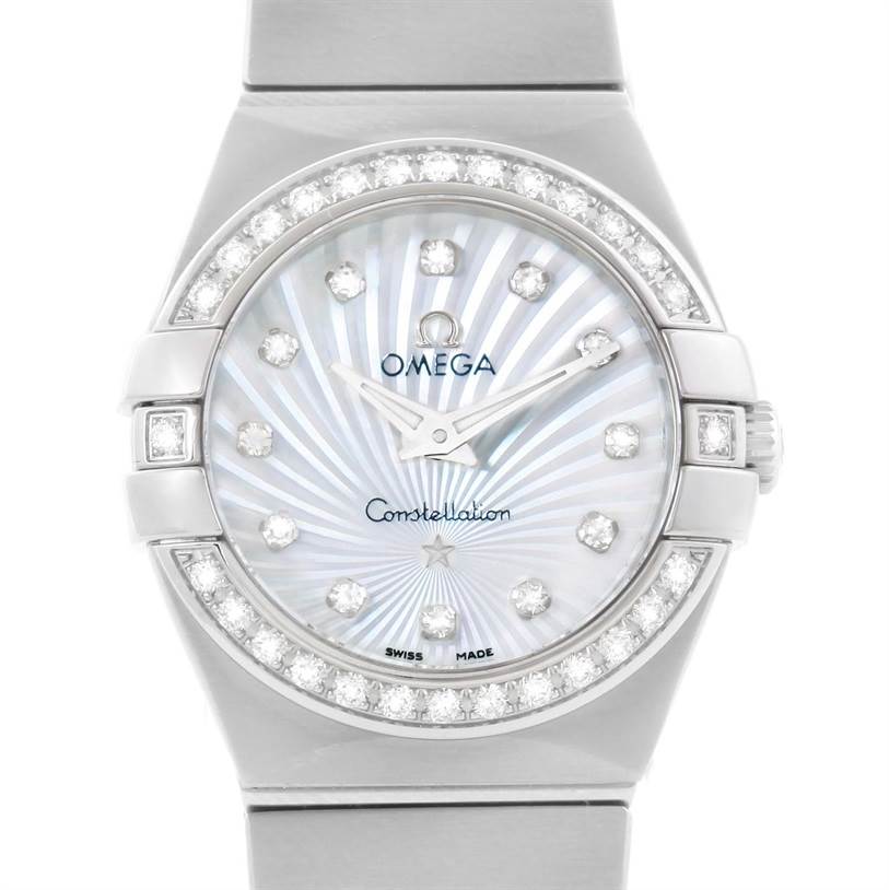The image shows a front view of the Omega 123.15.27.60.55.002 Women
s Stainless Steel Mother of Pearl Dial 123.15.27.60.55.002 Women
s Stainless Steel Mother of Pearl Dial Constellation 27mm Diamond Ladies Watch 123.15.27.60.55.002, highlighting the dial and bezel.