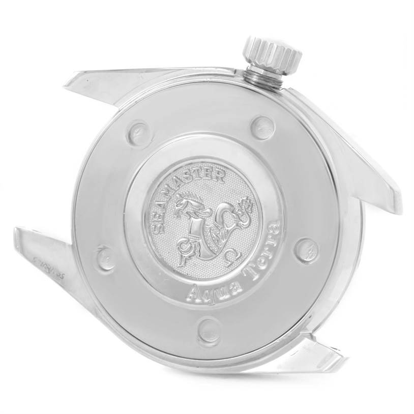 The image shows the back case of the Omega 2579.75 Women
s Stainless Steel Mother of Pearl Dial 2579.75 Women
s Stainless Steel Mother of Pearl Dial Aqua Terra 29mm Mother of Pearl Diamond Ladies Watch 2579.75 model.