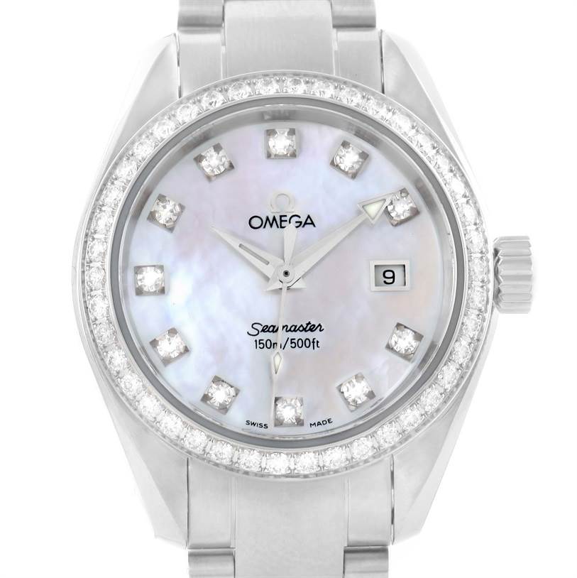 This image shows a frontal view of the Omega 2579.75 Women
s Stainless Steel Mother of Pearl Dial 2579.75 Women
s Stainless Steel Mother of Pearl Dial Aqua Terra 29mm Mother of Pearl Diamond Ladies Watch, model 2579.75.