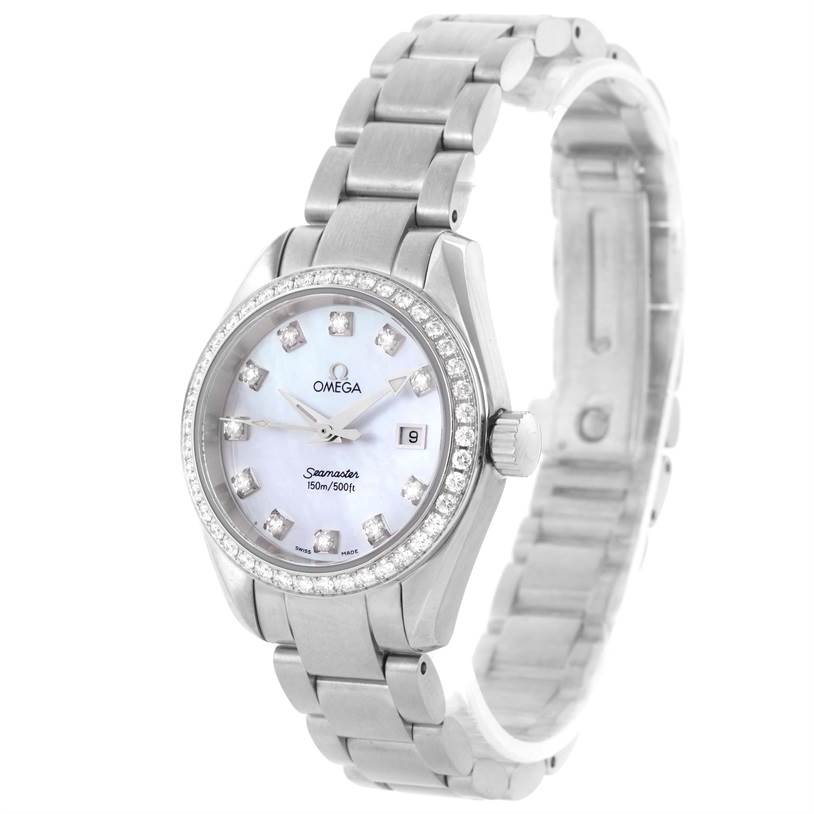 The Omega 2579.75 Women
s Stainless Steel Mother of Pearl Dial 2579.75 Women
s Stainless Steel Mother of Pearl Dial Aqua Terra 29mm Mother of Pearl Diamond Ladies Watch 2579.75 is shown from a front angle highlighting the face and bracelet.