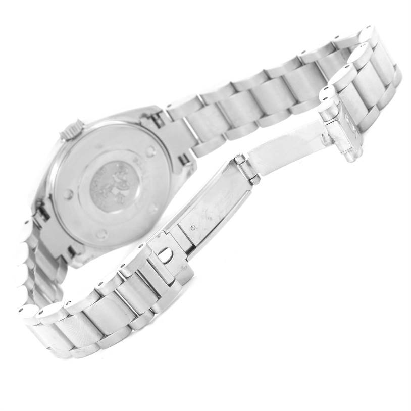 The image shows the back and opened clasp of the Omega 2579.75 Women
s Stainless Steel Mother of Pearl Dial 2579.75 Women
s Stainless Steel Mother of Pearl Dial Aqua Terra 29mm Mother of Pearl Diamond Ladies Watch 2579.75.