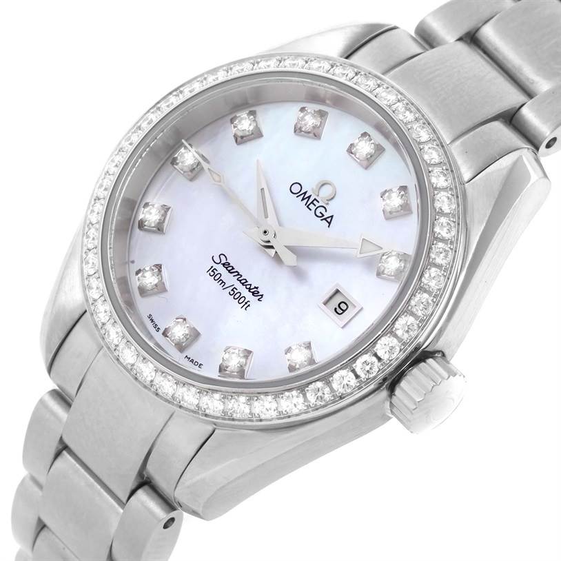The image shows the face, bezel, and part of the band of the Omega 2579.75 Women
s Stainless Steel Mother of Pearl Dial 2579.75 Women
s Stainless Steel Mother of Pearl Dial Aqua Terra 29mm Mother of Pearl Diamond Ladies Watch 2579.75.
