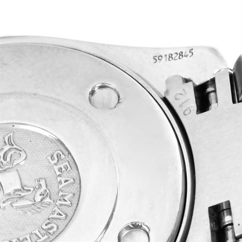 The image shows a close-up of the case back and part of the clasp of the Omega 2579.75 Women
s Stainless Steel Mother of Pearl Dial 2579.75 Women
s Stainless Steel Mother of Pearl Dial Aqua Terra 29mm Mother of Pearl Diamond Ladies Watch 2579.75 model.