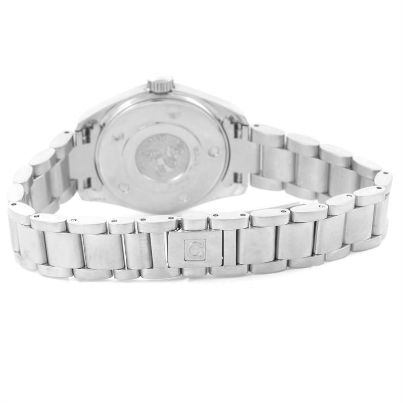 The image shows the back view of the Omega 2579.75 Women
s Stainless Steel Mother of Pearl Dial 2579.75 Women
s Stainless Steel Mother of Pearl Dial Aqua Terra 29mm Mother of Pearl Diamond Ladies Watch 2579.75, highlighting the clasp and bracelet.