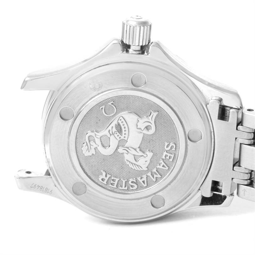 The image shows the case back and part of the bracelet of an Omega 212.30.28.61.51.001 Women
s Stainless Steel Black Dial 212.30.28.61.51.001 Women
s Stainless Steel Black Dial Seamaster Professional Diamond Ladies Watch, model 212.30.28.61.51.001.