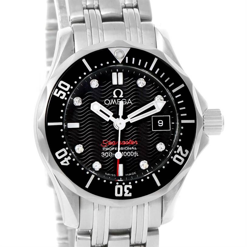 The image shows a front view of the Omega 212.30.28.61.51.001 Women
s Stainless Steel Black Dial 212.30.28.61.51.001 Women
s Stainless Steel Black Dial Seamaster Professional Diamond Ladies Watch 212.30.28.61.51.001, highlighting its face and bracelet.