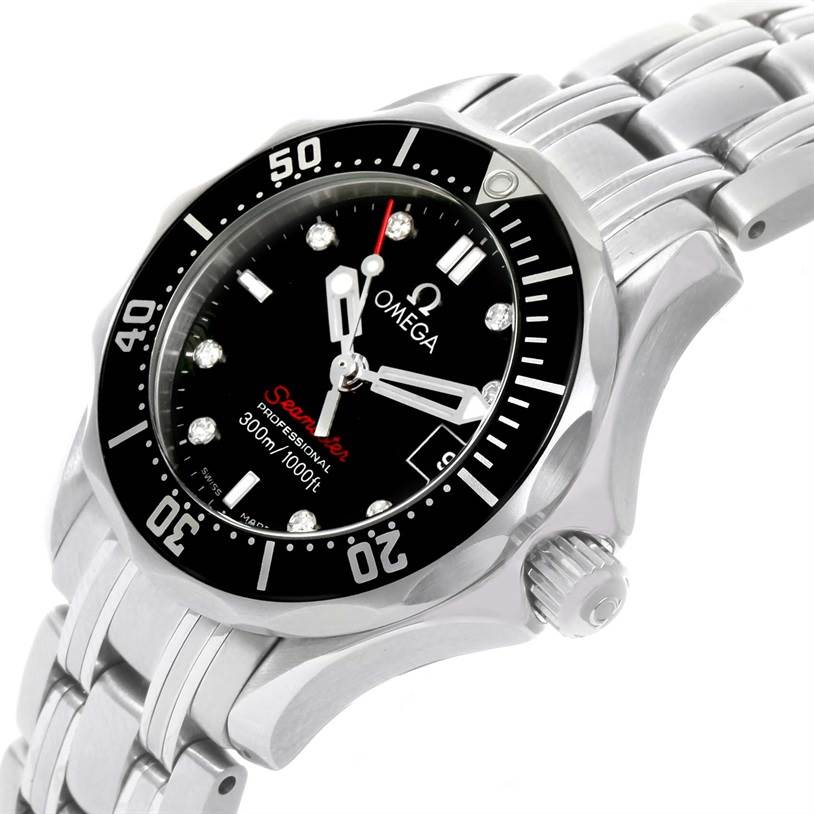 The image shows a close-up, angled view of the Omega 212.30.28.61.51.001 Women
s Stainless Steel Black Dial 212.30.28.61.51.001 Women
s Stainless Steel Black Dial Seamaster Professional Diamond Ladies Watch 212.30.28.61.51.001, highlighting the face, bezel, and band.
