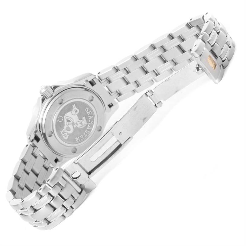 The image shows the back view and clasp mechanism of an Omega 212.30.28.61.51.001 Women
s Stainless Steel Black Dial 212.30.28.61.51.001 Women
s Stainless Steel Black Dial Seamaster Professional Diamond Ladies Watch 212.30.28.61.51.001.