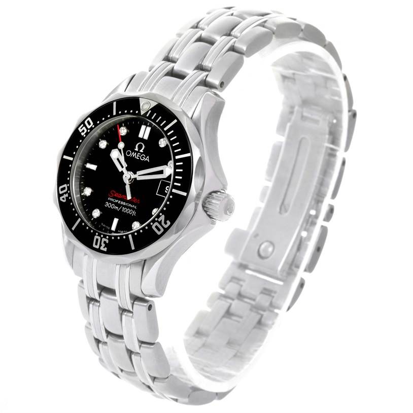 The Omega 212.30.28.61.51.001 Women
s Stainless Steel Black Dial 212.30.28.61.51.001 Women
s Stainless Steel Black Dial Seamaster Professional Diamond Ladies Watch 212.30.28.61.51.001 is shown at an angled view highlighting the face, bezel, and bracelet.