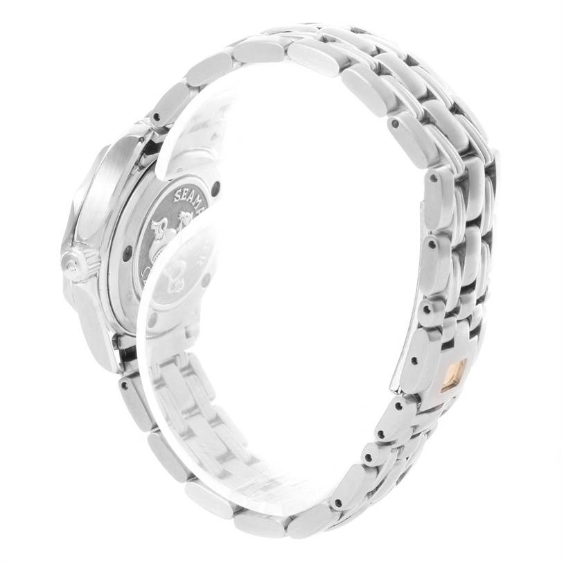 The image shows a rear angle of the Omega 212.30.28.61.51.001 Women
s Stainless Steel Black Dial 212.30.28.61.51.001 Women
s Stainless Steel Black Dial Seamaster Professional Diamond Ladies Watch 212.30.28.61.51.001, highlighting the bracelet and case back.