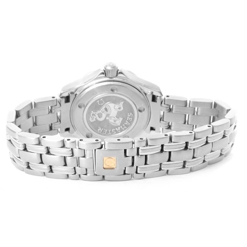 The image shows the back and bracelet of the Omega 212.30.28.61.51.001 Women
s Stainless Steel Black Dial 212.30.28.61.51.001 Women
s Stainless Steel Black Dial Seamaster Professional Diamond Ladies Watch model 212.30.28.61.51.001.