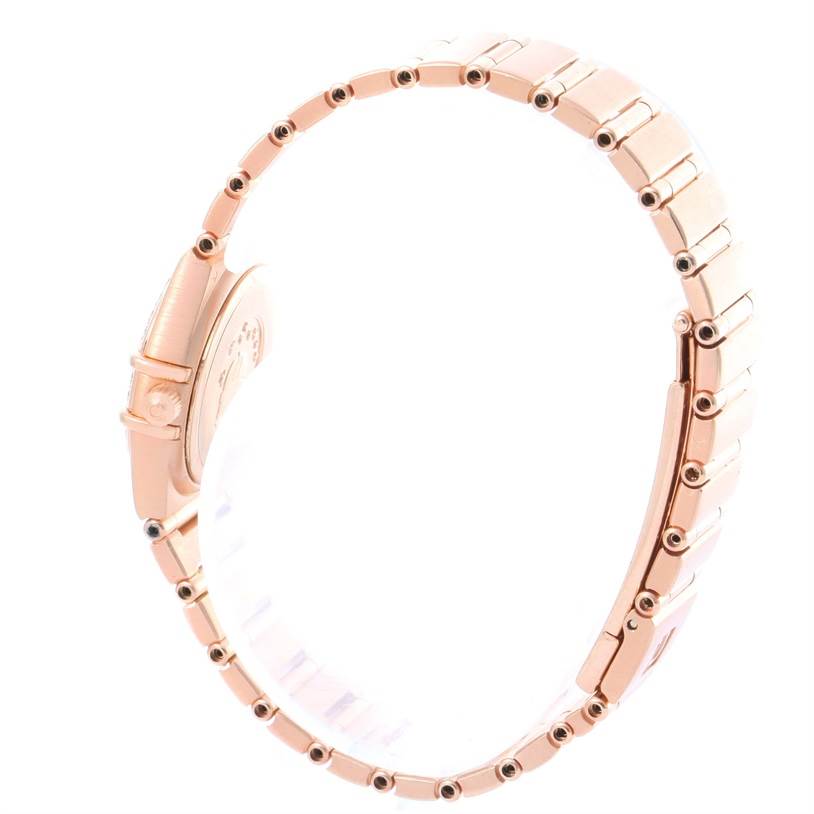 The image shows a side view of the Omega 1167.75.00 Women's Rose Gold Mother of Pearl Dial 1167.75.00 Women's Rose Gold Mother of Pearl Dial Constellation 95 18K Rose Gold Diamond Watch 1167.75.00, focusing on the bracelet and side of the case.