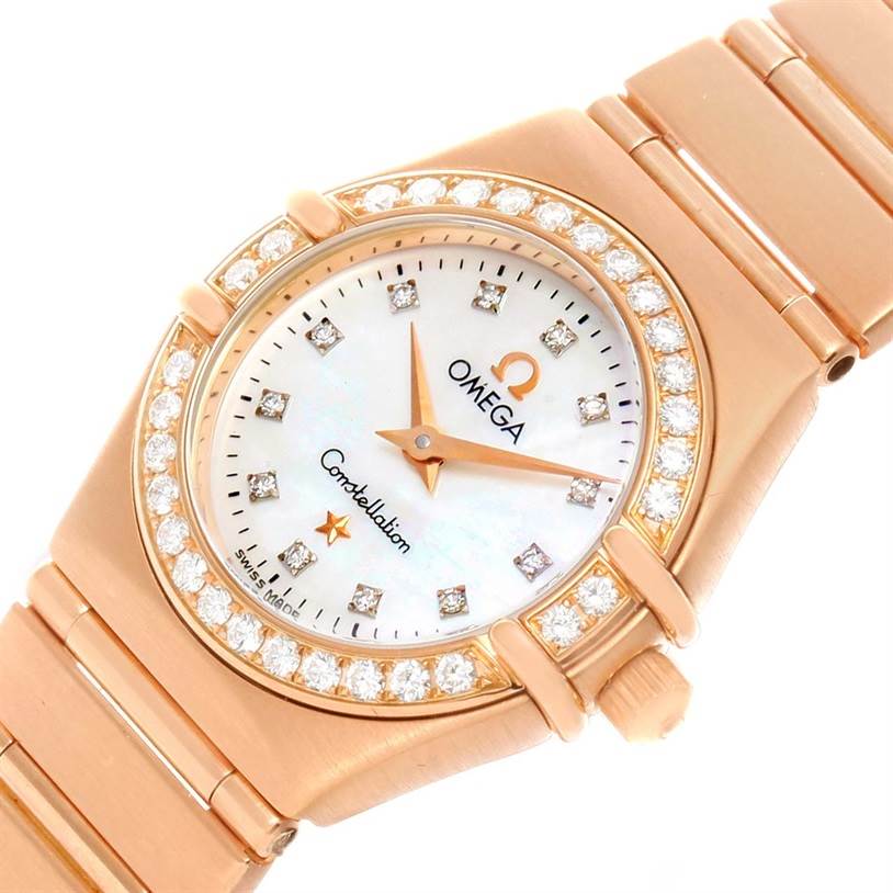 This image shows a close-up, front-facing view of the Omega 1167.75.00 Women's Rose Gold Mother of Pearl Dial 1167.75.00 Women's Rose Gold Mother of Pearl Dial Constellation 95 18K Rose Gold Diamond Watch (model 1167.75.00).