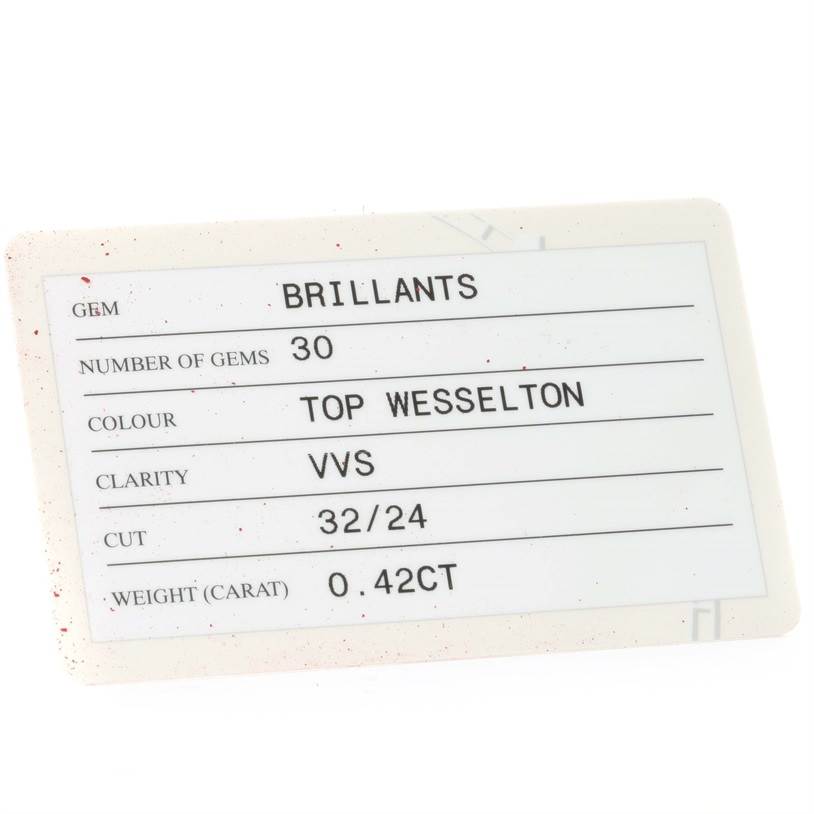 The image shows a detail card for the Omega 1167.75.00 Women's Rose Gold Mother of Pearl Dial 1167.75.00 Women's Rose Gold Mother of Pearl Dial Constellation 95 18K Rose Gold Diamond Watch 1167.75.00, listing gem details.