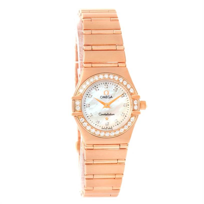 The image shows a front view of the Omega 1167.75.00 Women's Rose Gold Mother of Pearl Dial 1167.75.00 Women's Rose Gold Mother of Pearl Dial Constellation 95 18K Rose Gold Diamond Watch 1167.75.00, highlighting its face and bracelet.