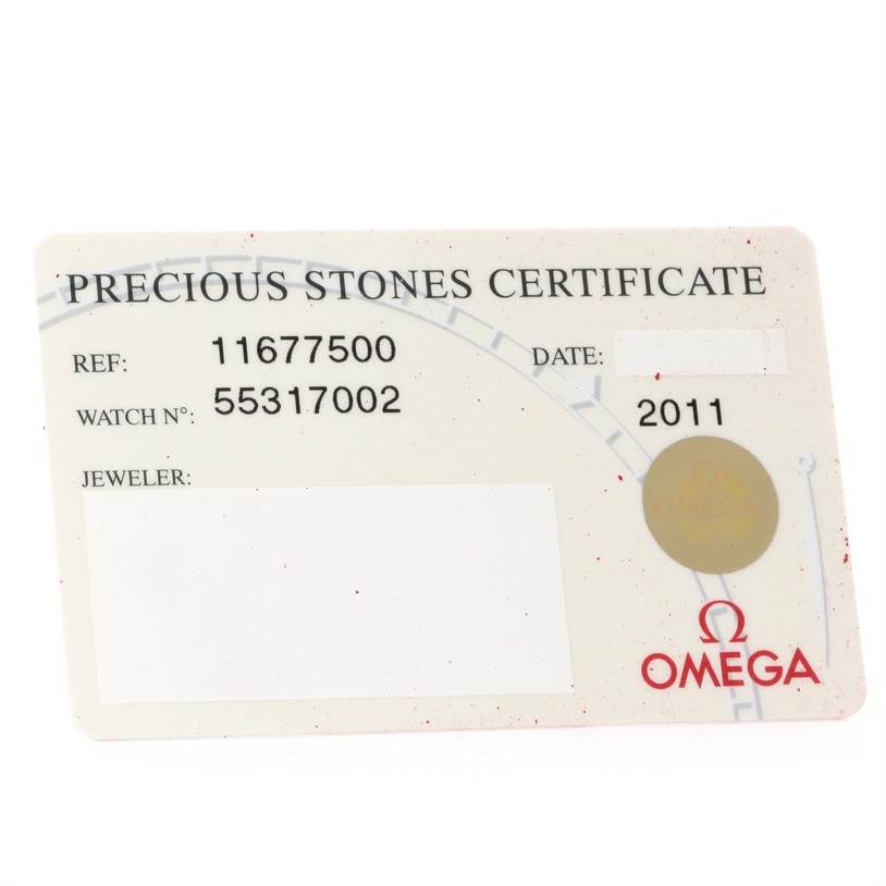 This image shows the Precious Stones Certificate for Omega 1167.75.00 Women's Rose Gold Mother of Pearl Dial 1167.75.00 Women's Rose Gold Mother of Pearl Dial Constellation 95 18K Rose Gold Diamond Watch, model 1167.75.00.