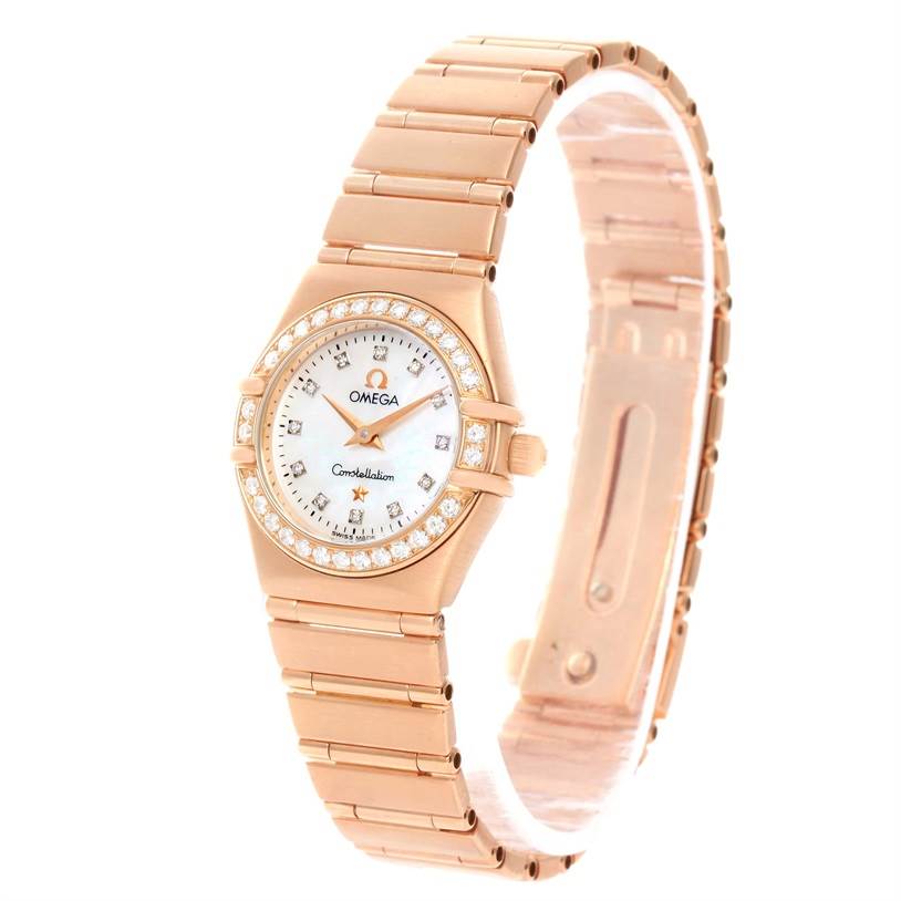 The image shows an Omega 1167.75.00 Women's Rose Gold Mother of Pearl Dial 1167.75.00 Women's Rose Gold Mother of Pearl Dial Constellation 95 18K Rose Gold Diamond Watch 1167.75.00 from a front angle, displaying its case, dial, and bracelet.