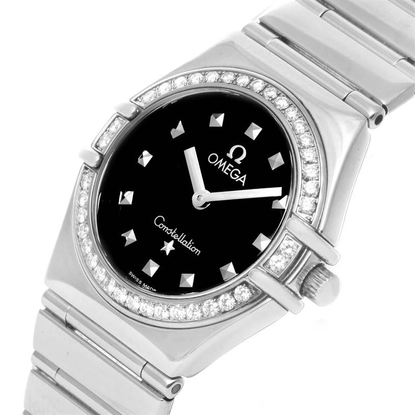 The image shows a close-up of the Omega 1475.51.00 Women
s Stainless Steel Black Dial 1475.51.00 Women
s Stainless Steel Black Dial Constellation My Choice Ladies Diamond Watch 1475.51.00, highlighting the dial and bezel.