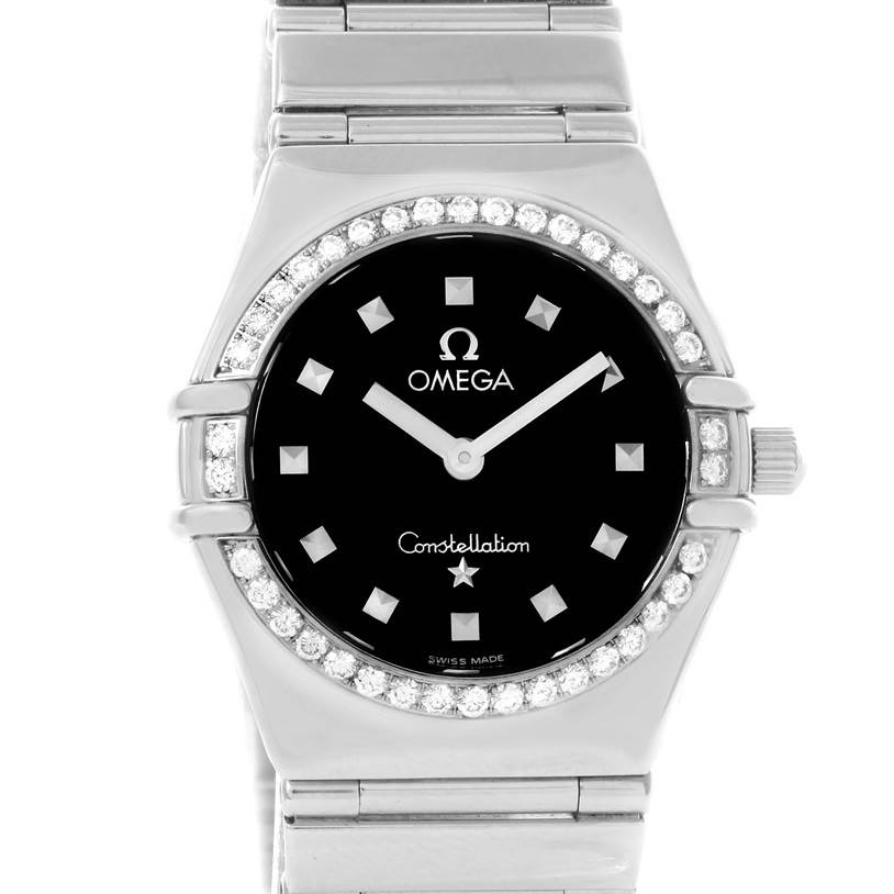 This image shows a close-up, front view of the Omega 1475.51.00 Women
s Stainless Steel Black Dial 1475.51.00 Women
s Stainless Steel Black Dial Constellation My Choice Ladies Diamond Watch 1475.51.00 model.