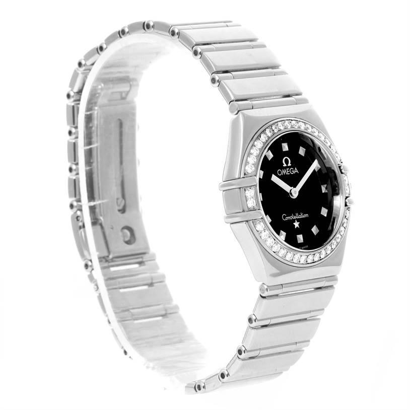 The image shows a side angle of the Omega 1475.51.00 Women
s Stainless Steel Black Dial 1475.51.00 Women
s Stainless Steel Black Dial Constellation My Choice Ladies Diamond Watch 1475.51.00, highlighting its bracelet and diamond bezel.