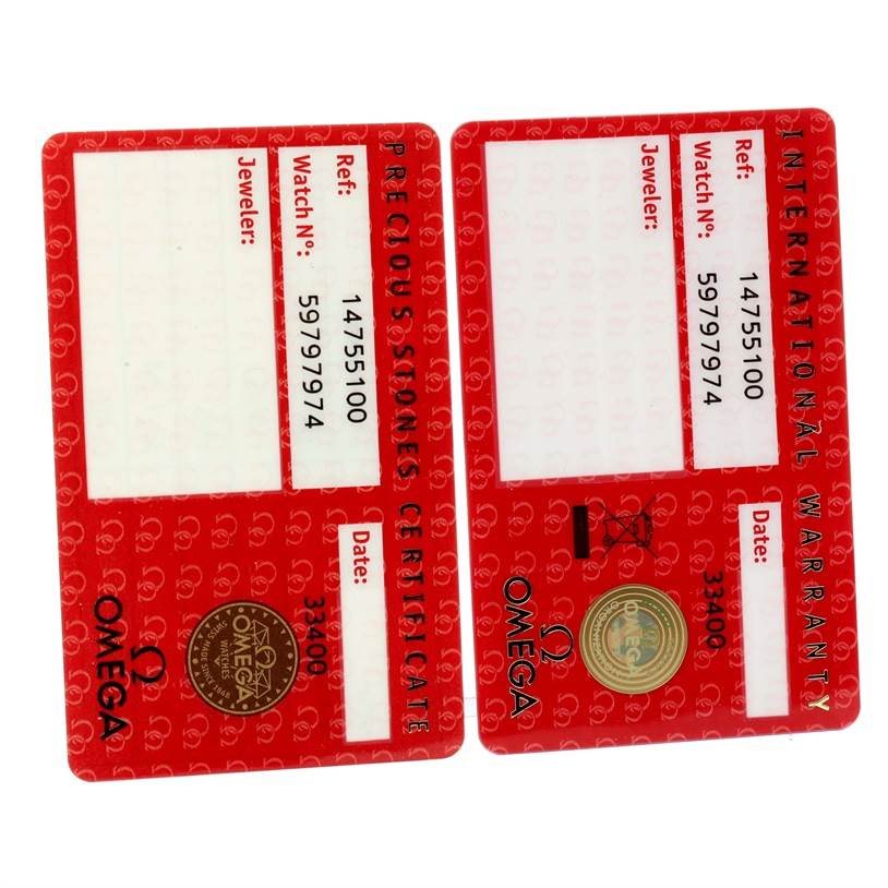 Omega 1475.51.00 Women
s Stainless Steel Black Dial 1475.51.00 Women
s Stainless Steel Black Dial Constellation My Choice Ladies Diamond Watch 1475.51.00 warranty and precious stones certificate cards are shown.