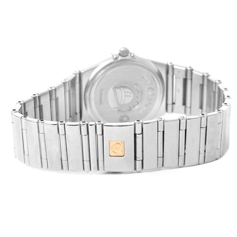 The image shows the back view of the Omega 1475.51.00 Women
s Stainless Steel Black Dial 1475.51.00 Women
s Stainless Steel Black Dial Constellation My Choice Ladies Diamond Watch 1475.51.00, highlighting the bracelet and clasp.