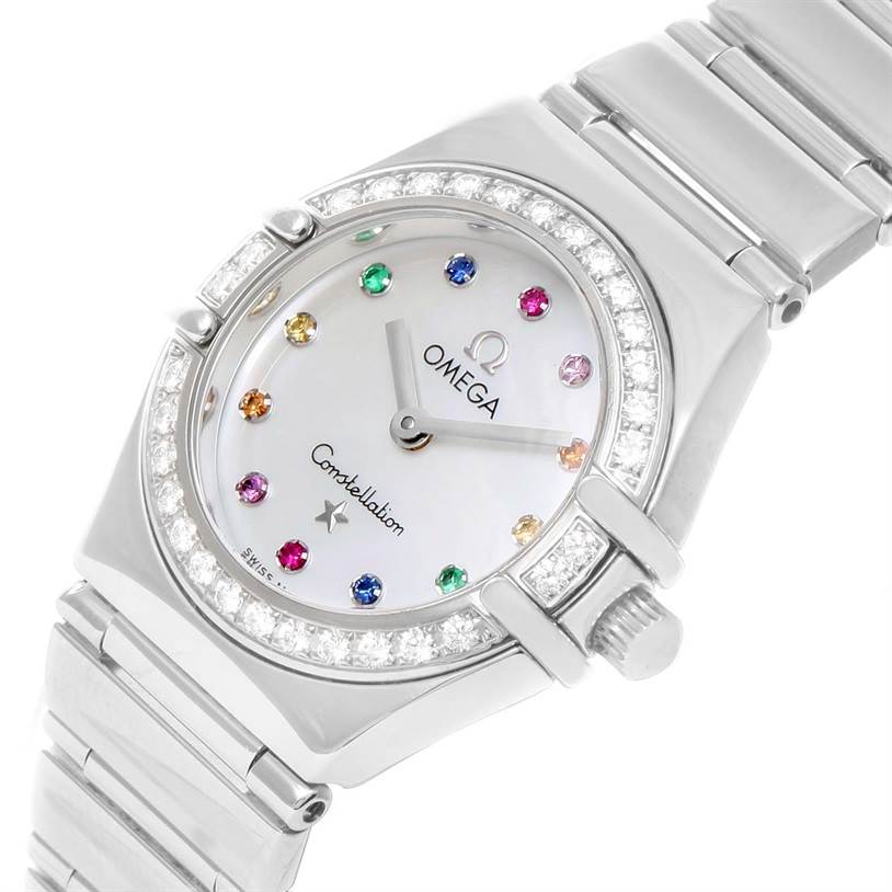 The image shows an angled view of the Omega 1465.79.00 Women
s Stainless Steel Mother of Pearl Dial 1465.79.00 Women
s Stainless Steel Mother of Pearl Dial Constellation Iris My Choice Steel Multi Stone Watch 1465.79.00, highlighting the dial, bezel, and bracelet.